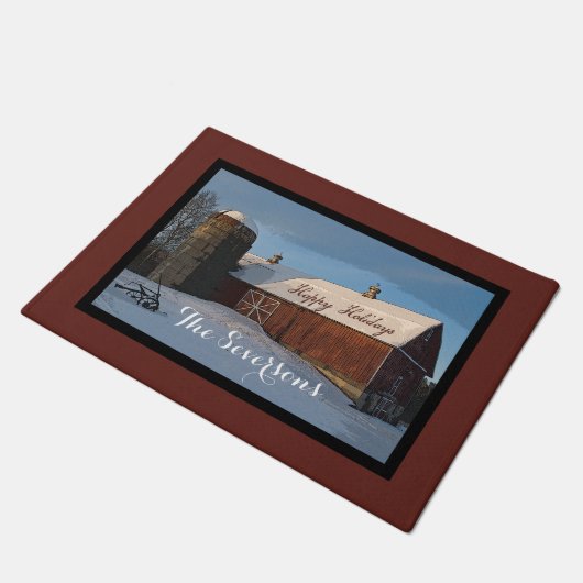 Rustikaler Wintergarten Happy Holidays Fußmatte (Schrägansicht)