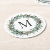 Rustikaler Wintergrün-Monogramm-Initial-Kranz Runder Pappuntersetzer (Angewinkelt)