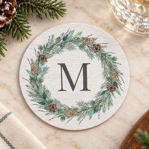 Rustikaler Wintergrün-Monogramm-Initial-Kranz Runder Pappuntersetzer