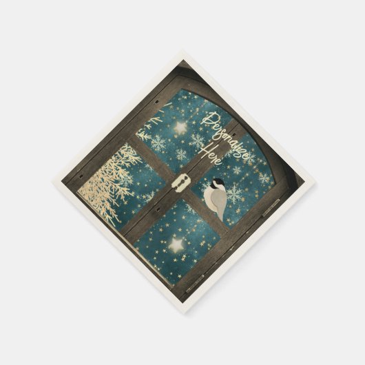 Rustikaler Winterhüttenfenster Snowflake-Chickade Serviette (Ecke)