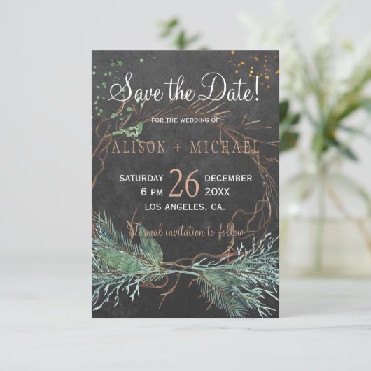 rustikaler Winterkranz mit Halbpension rett Hochze Save The Date (Stehend Vorderseite)