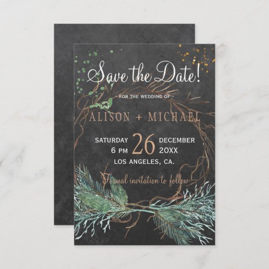 rustikaler Winterkranz mit Halbpension rett Hochze Save The Date (Vorne/Hinten)