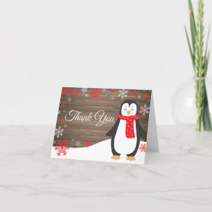 Rustikaler Winterpinguin Red Snowflake Dankeskarte