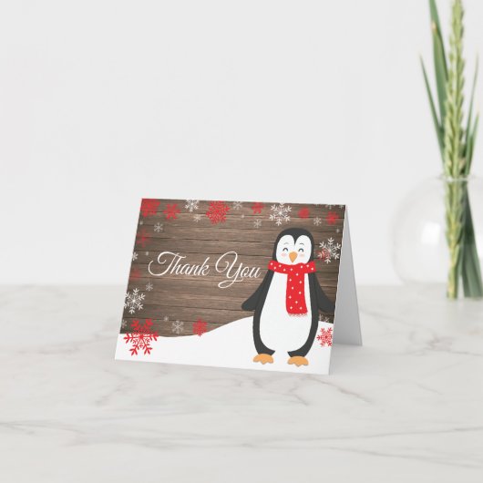 Rustikaler Winterpinguin Red Snowflake Dankeskarte (Vorderseite)