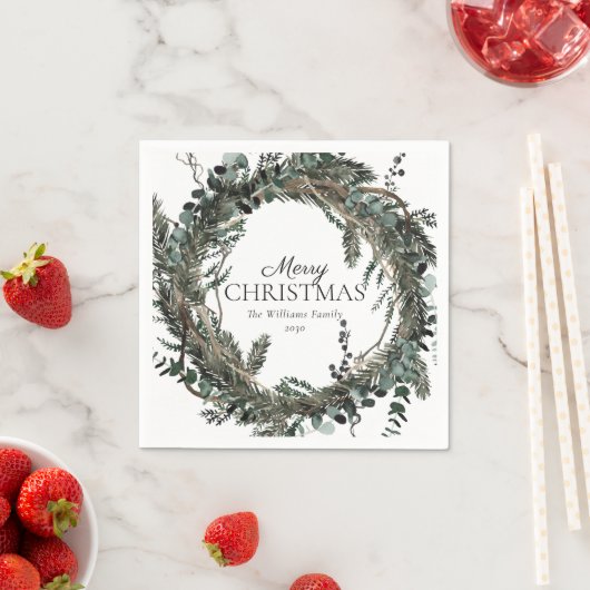 Rustikaler Winterreath Frohe Weihnachten Serviette (Beispiel)