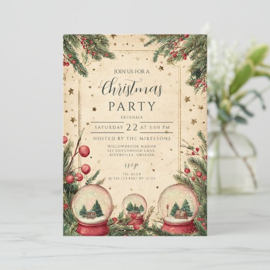 Rustikaler Winterschnee Globe Urlaub Einladung (Stehend Vorderseite)