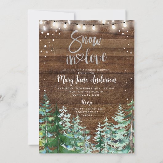 Rustikaler Winterschnee in Liebe Brautparty Einladung (Vorderseite)