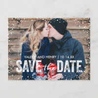 Rustikaler Winterschneefall Save the Date Foto