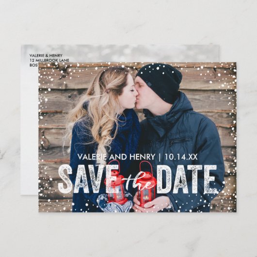 Rustikaler Winterschneefall Save the Date Foto Ankündigungspostkarte (Vorne/Hinten)