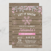 Rustikaler Winterschneeflocken Rosa Silbermädchen Einladung (Vorne/Hinten)