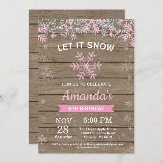 Rustikaler Winterschneeflocken Rosa Silbermädchen Einladung (Vorne/Hinten)