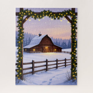 Rustikaler Winterstall bei Sonnenuntergang Puzzle