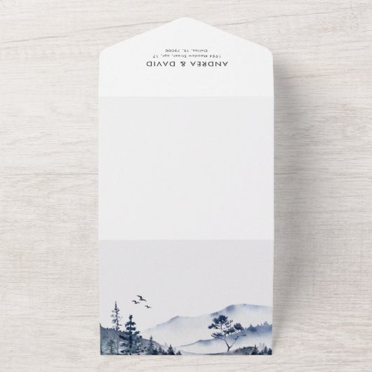 Rustikaler Winterwald in einer Blauen Hochzeit All In One Einladung (Außenbereich)