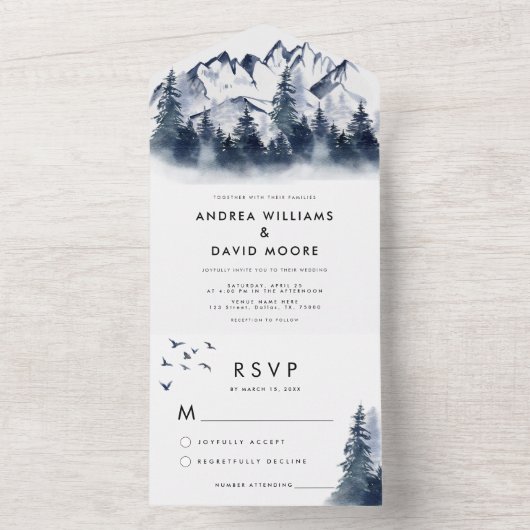 Rustikaler Winterwald in einer Blauen Hochzeit All In One Einladung (Innen Boden)