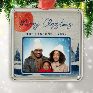 Rustikaler Winterwald Moon Familienfest Foto Weihn Ornament Aus Metall