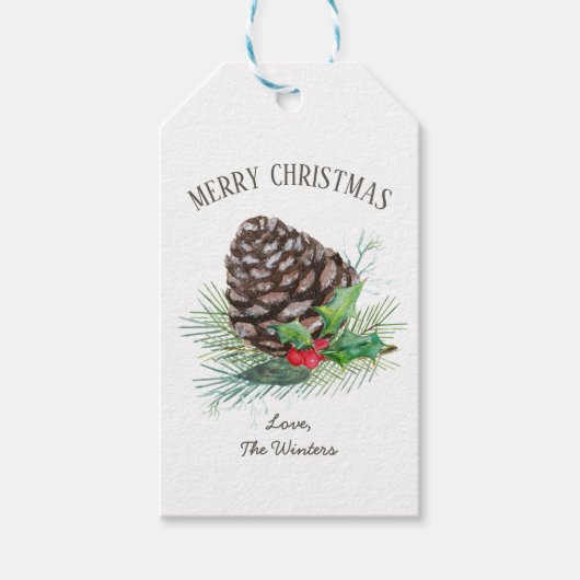 Rustikaler Winterwald Pine Cone Holly Kraft Urlaub Geschenkanhänger (Vorderseite)