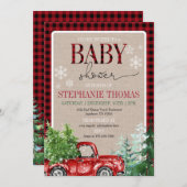 Rustikaler Winterwald Red Truck Kinderdusche Einladung (Vorne/Hinten)