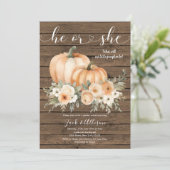 Rustikaler Wood Herbst: Er oder sie Pumpkin Gender Einladung (Stehend Vorderseite)
