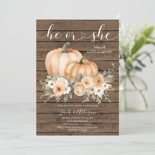 Rustikaler Wood Herbst: Er oder sie Pumpkin Gender Einladung (Stehend Vorderseite)