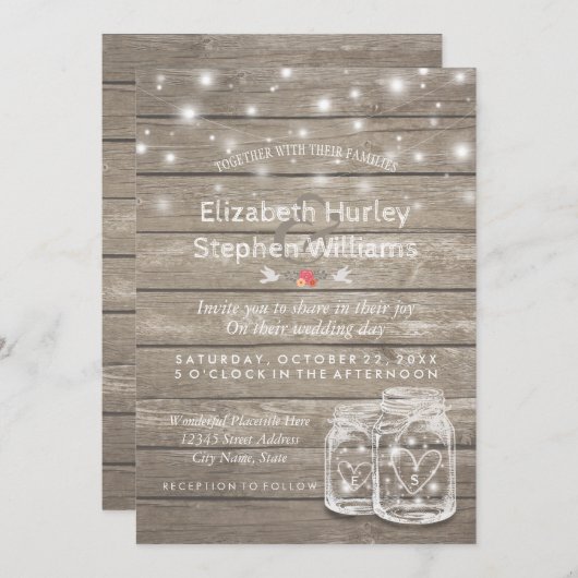 Rustikaler Wood Mason Jar String Lights Polteraben Einladung (Vorne/Hinten)