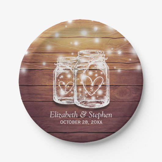 Rustikaler Wood Mason Jar String Lights Polteraben Pappteller (Vorderseite)
