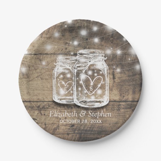 Rustikaler Wood Mason Jar String Lights Polteraben Pappteller (Vorderseite)