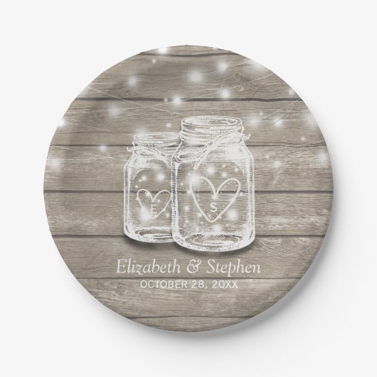 Rustikaler Wood Mason Jar String Lights Polteraben Pappteller (Vorderseite)