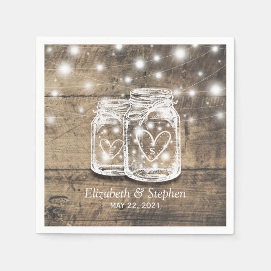 Rustikaler Wood Mason Jar String Lights Polteraben Serviette (Vorderseite)