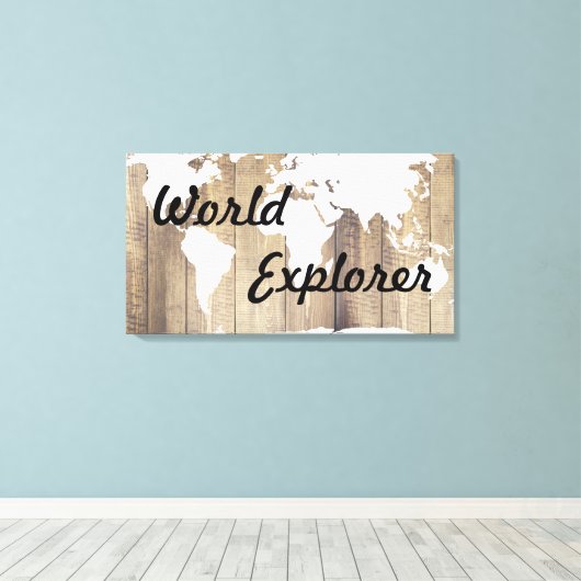 Rustikaler World Explorer White World Map Holzplan Leinwanddruck (Insitu (Holzboden))