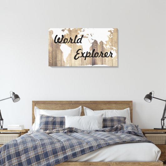 Rustikaler World Explorer White World Map Holzplan Leinwanddruck (Insitu (Schlafzimmer))