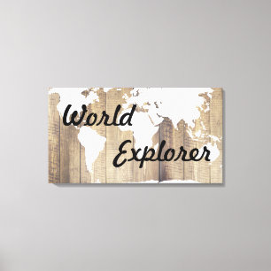 Rustikaler World Explorer White World Map Holzplan Leinwanddruck
