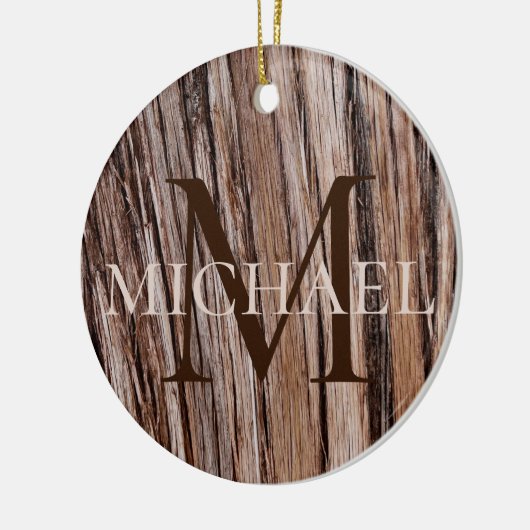 Rustikaler Zedernholz Naturbaum im Freien Monogram Keramik Ornament (Links)