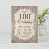Rustikales 100. Geburtstag Einladung Holz (Stehend Vorderseite)