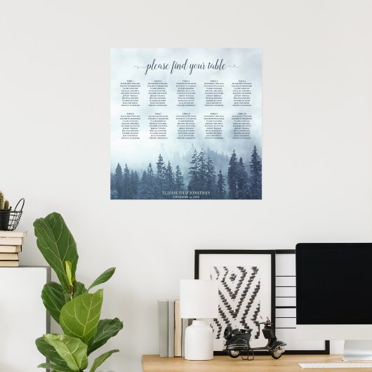 Rustikales 10-Tisch-Misty Blue Pines Seating Chart Poster (Heimbüro)