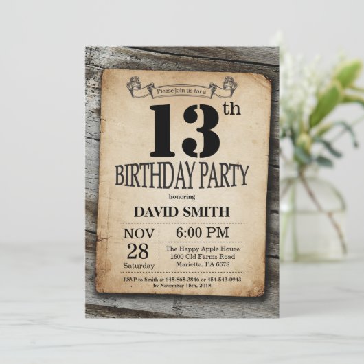 Rustikales 13. Geburtstag Einladung Vintages Holz (Stehend Vorderseite)
