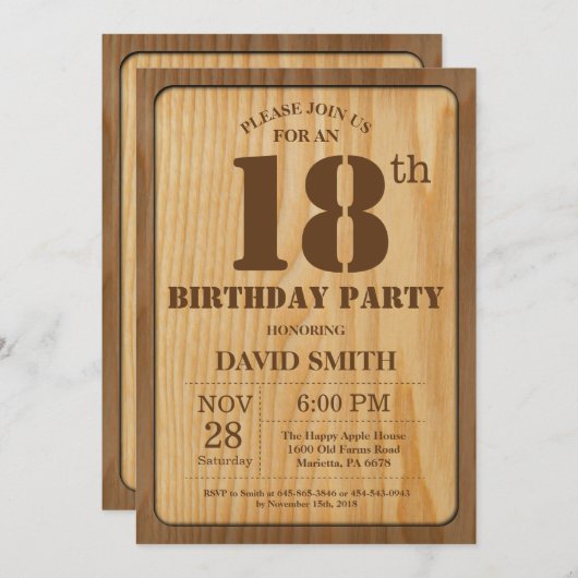 Rustikales 18. Geburtstag Einladung Vintages Holz (Vorne/Hinten)