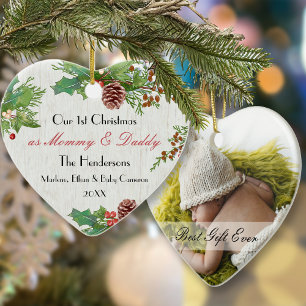 Rustikales 1. Weihnachtsfest Junge Mutter & Dady C Keramik Ornament