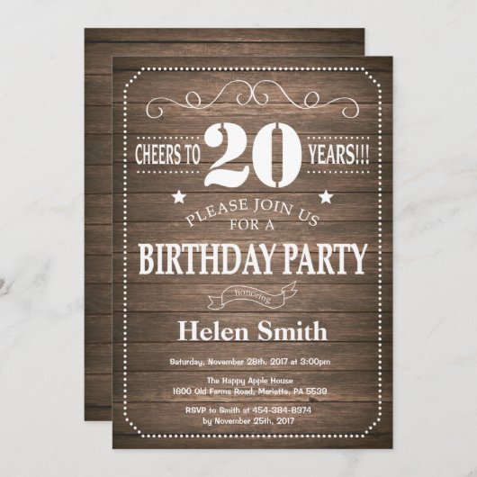 Rustikales 20. Geburtstag Einladung Vintag Retro (Vorne/Hinten)