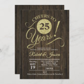 Rustikales 25. Hochzeitstag - Gold Wood Einladung (Vorne/Hinten)