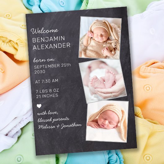 Rustikales 3 Foto neues Baby Chalkboard Birth Ankündigung