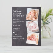 Rustikales 3 Foto neues Baby Chalkboard Birth Ankündigung (Stehend Vorderseite)