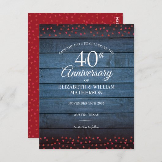 Rustikales 40-jähriges Bestehen Save the Date Ruby Postkarte (Vorne/Hinten)