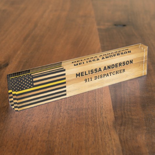 Rustikales 911 Dispatcher-Thin-Gold-Line-Flag Wood Namensplakette (Seite)