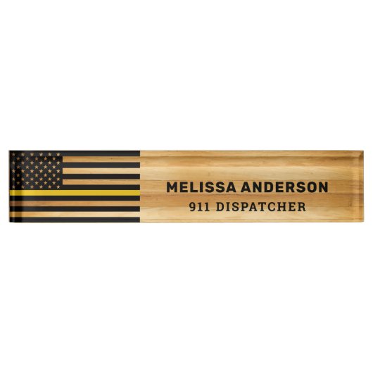 Rustikales 911 Dispatcher-Thin-Gold-Line-Flag Wood Namensplakette (Vorderseite)