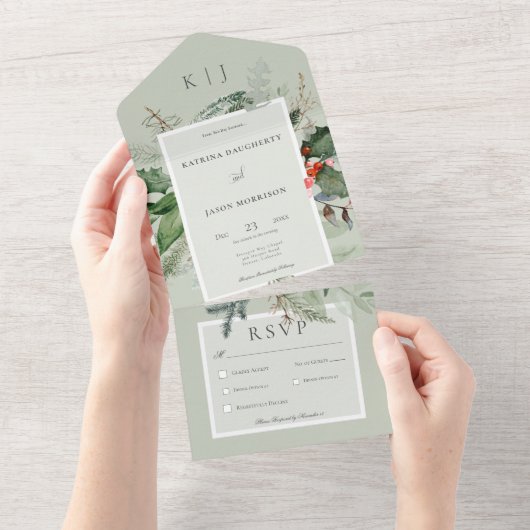 Rustikales Abendessen im Winter Holly & Pine All In One Einladung (Abreißen)