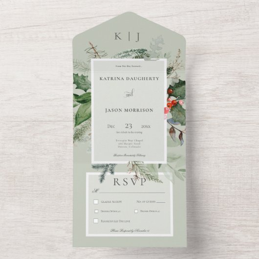 Rustikales Abendessen im Winter Holly & Pine All In One Einladung (Innen Boden)