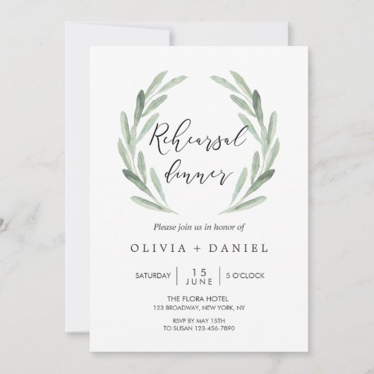 Rustikales Abendessen mit grünem Olive Branch Prob Einladung (Vorderseite)