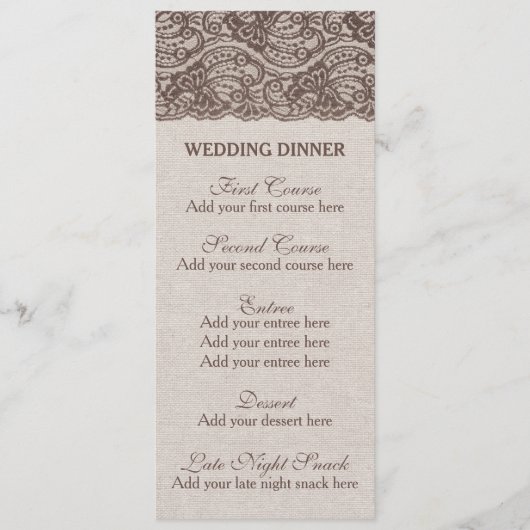 Rustikales Abendmenü Burlap Lace Menükarte (Vorderseite)