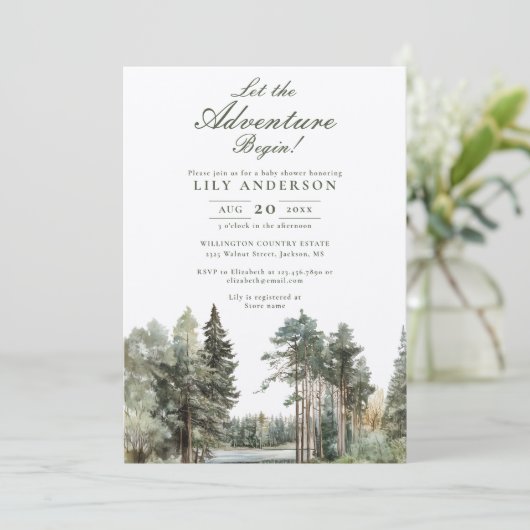 Rustikales Abenteuer Begin Lake Forest Babydusche Einladung (Stehend Vorderseite)