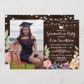 Rustikales Abschluss-Blumen-Licht-Holz-Foto Einladung (Vorne/Hinten)